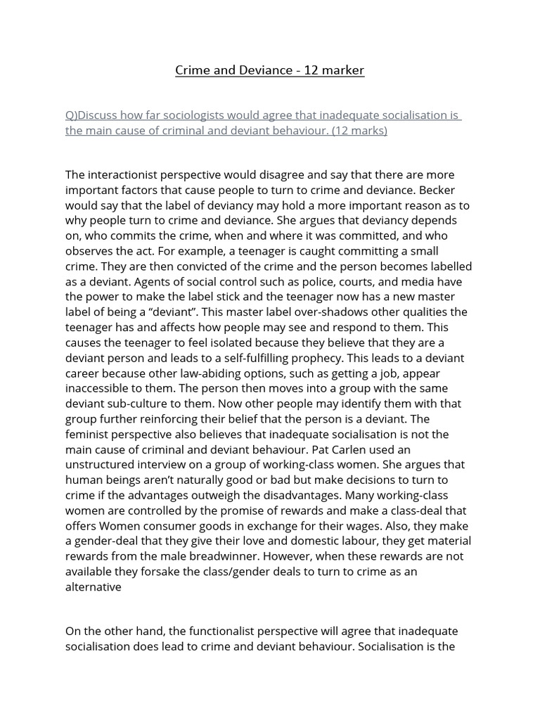 Crime And Deviance 12 Marker PDF Deviance Sociology Socialization