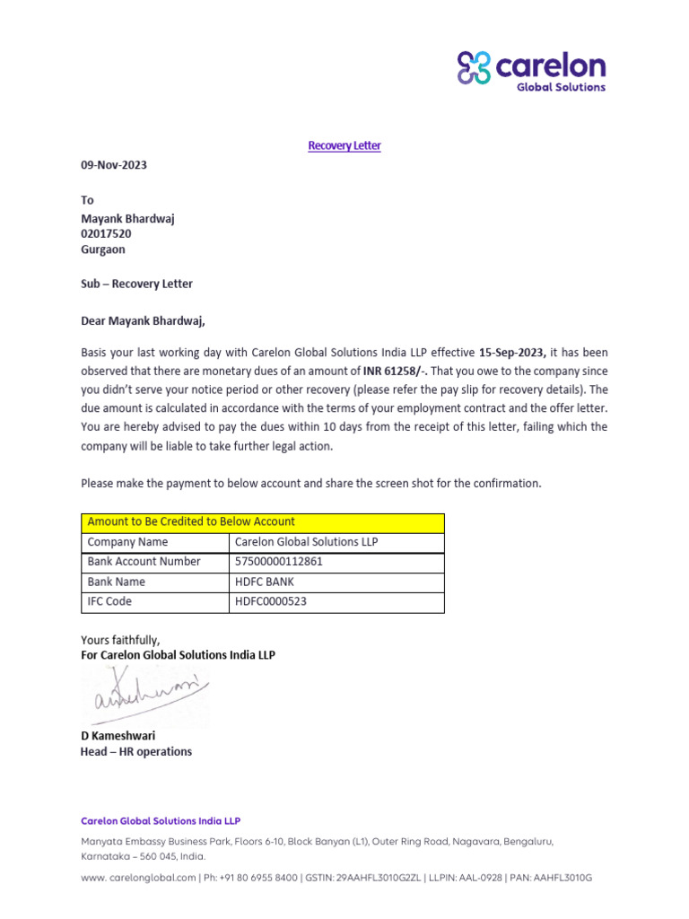 09-Nov-2023 To Mayank Bhardwaj 02017520 Gurgaon Sub - Recovery Letter ...
