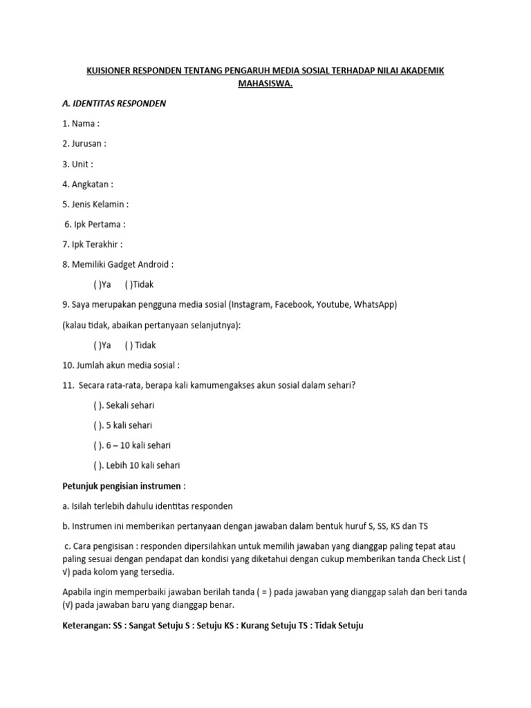 Kuisioner Responden Tentang Pengaruh Media Sosial Terhadap Nilai