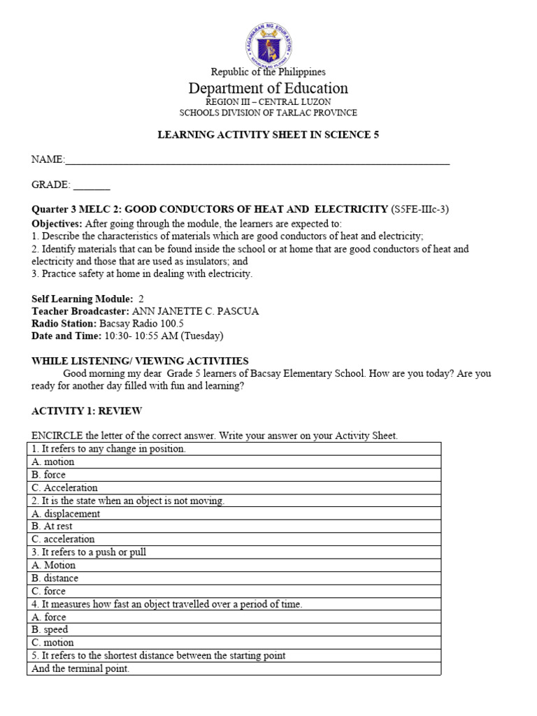Learning activity sheet in science 5 download free pdf force