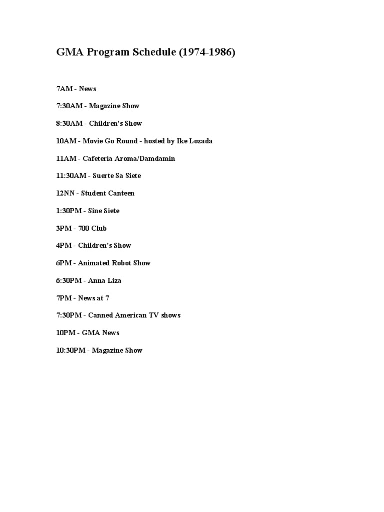 GMA Program Schedule (1974-1986) | PDF | Workweek And Weekend | Television