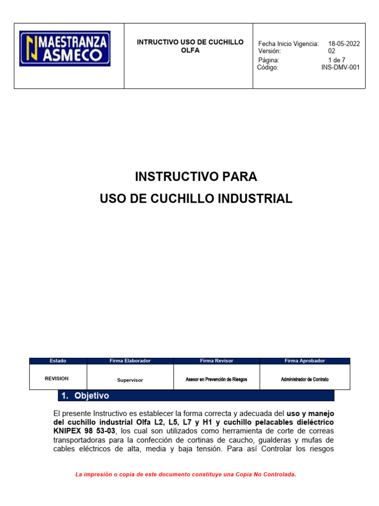 Ins dmv 01 instructivo uso cuchillo industrial olfa pdf cuchillo
