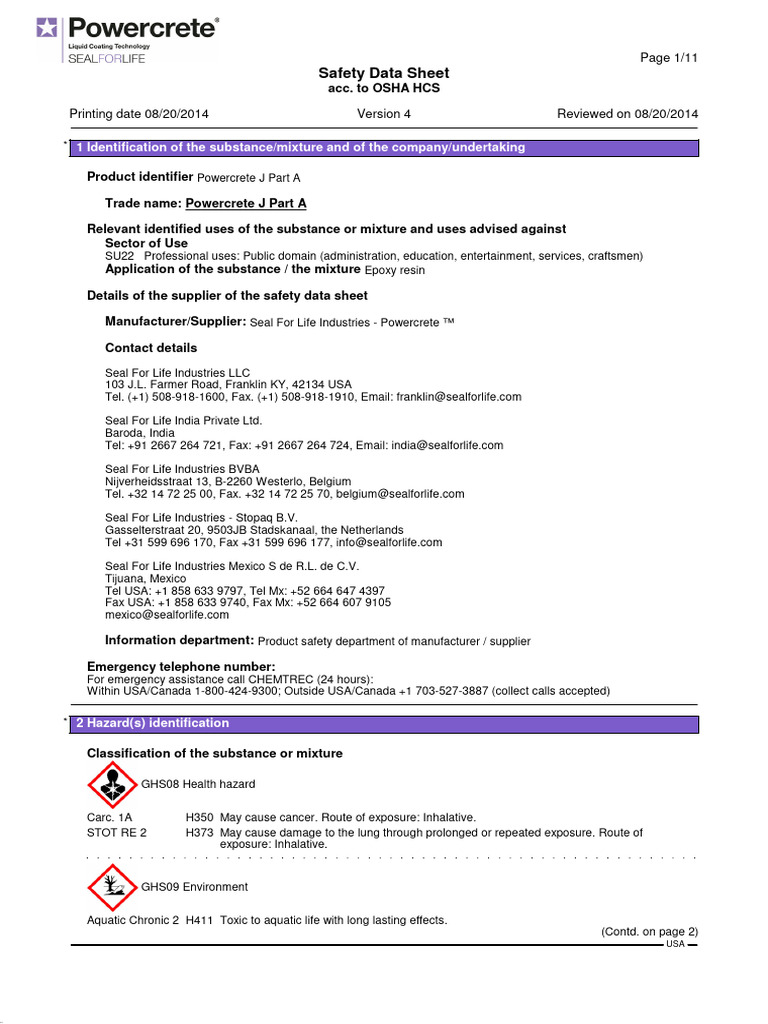 MSDS PowercreteJ PDF Dangerous Goods Safety