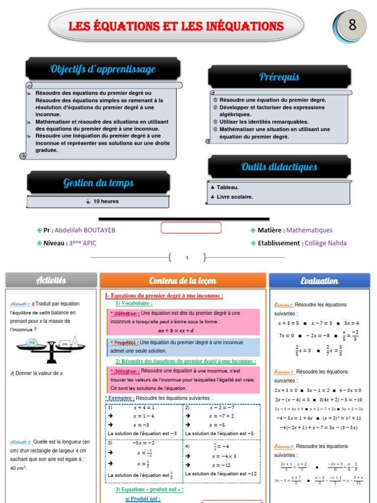 Exercices sur Équations et Inéquations | PDF | Équations | Concepts ...