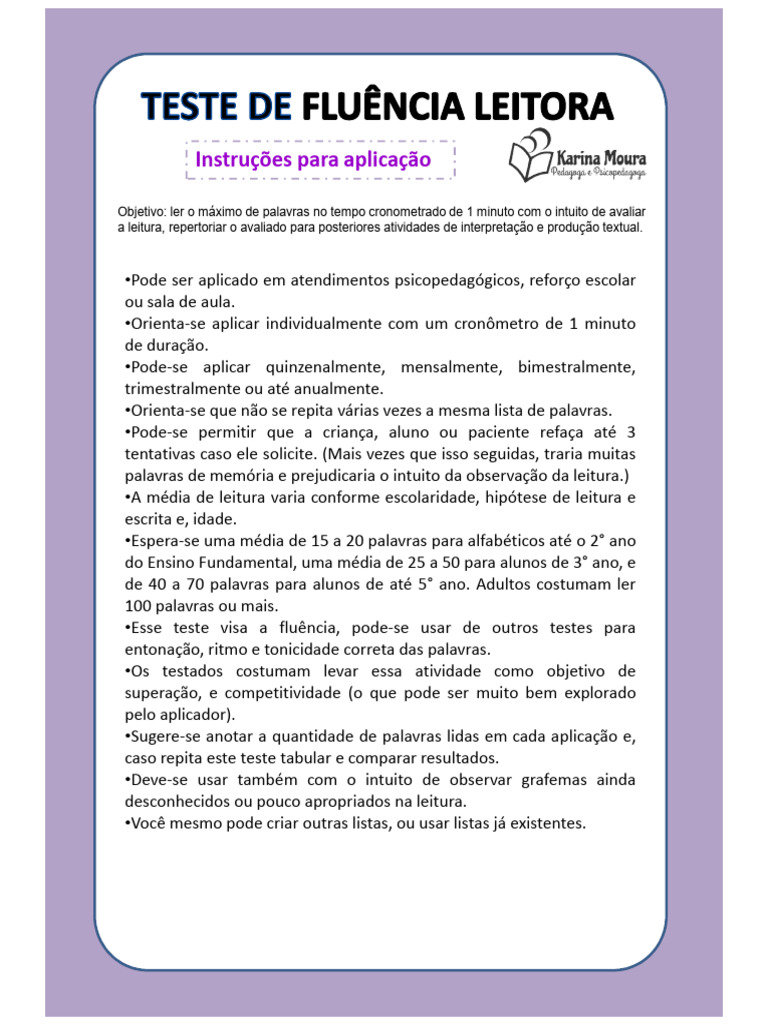Teste de Fluência Leitora | PDF | Tempo