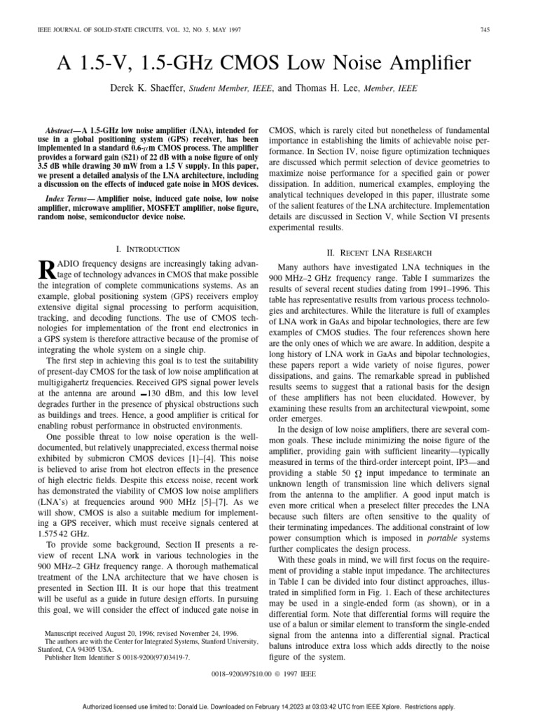 1.5V CMOS Low Noise Amplifier Design | PDF | Mosfet | Amplifier