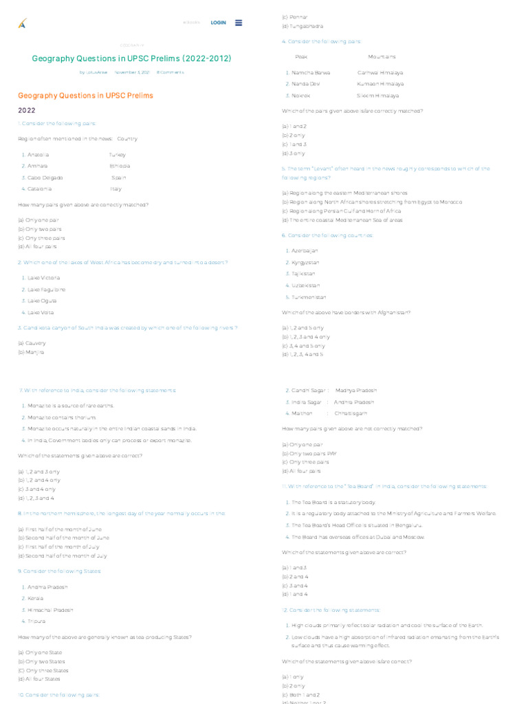 Geography Questions in UPSC Prelims (2022-2012) | PDF | Rain | Soil
