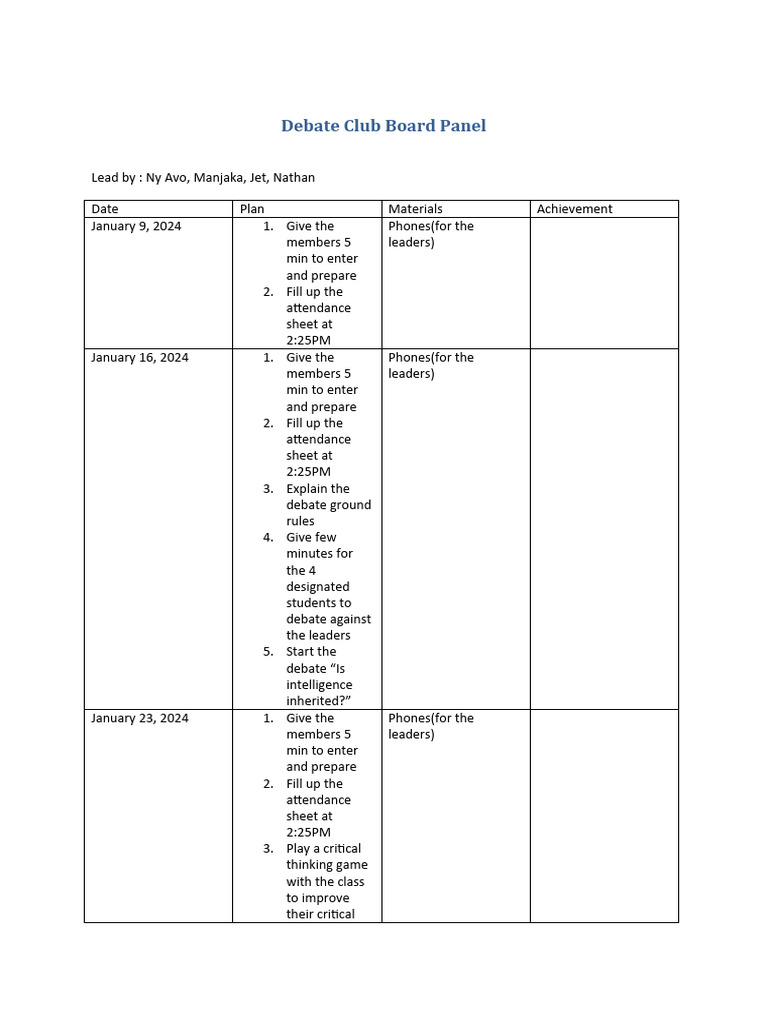 Debate Club Meeting Schedule 2024 | PDF | Learning | Cognition