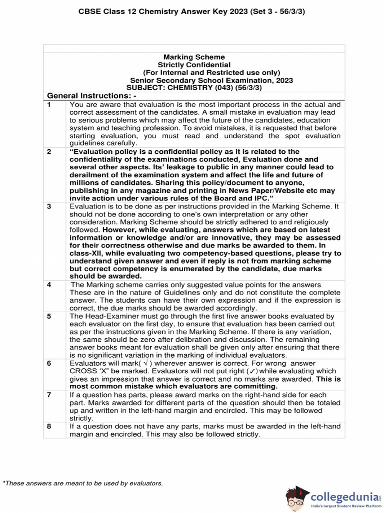Class 12 Chemistry Set 3 Answer Key | PDF | Wellness