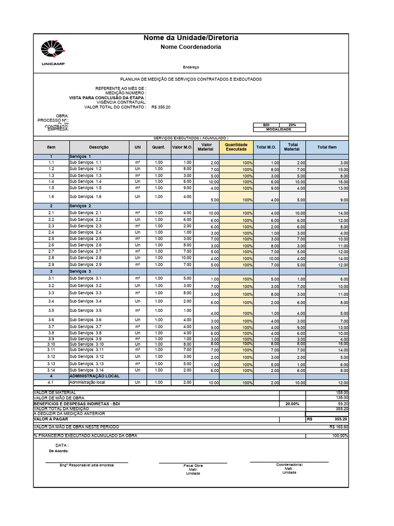 Planilha Medicao Modelo Depi Unicamp | PDF