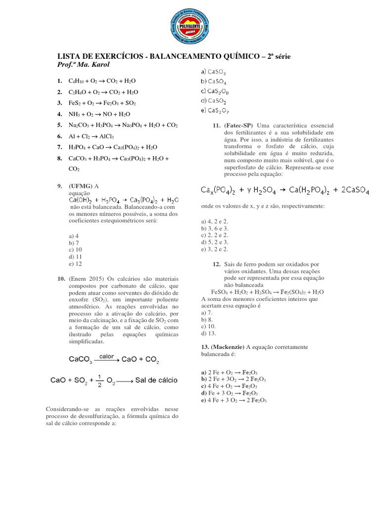 Lista de Exercícios de Balanceamento Químico | PDF | Cálcio | Reações ...