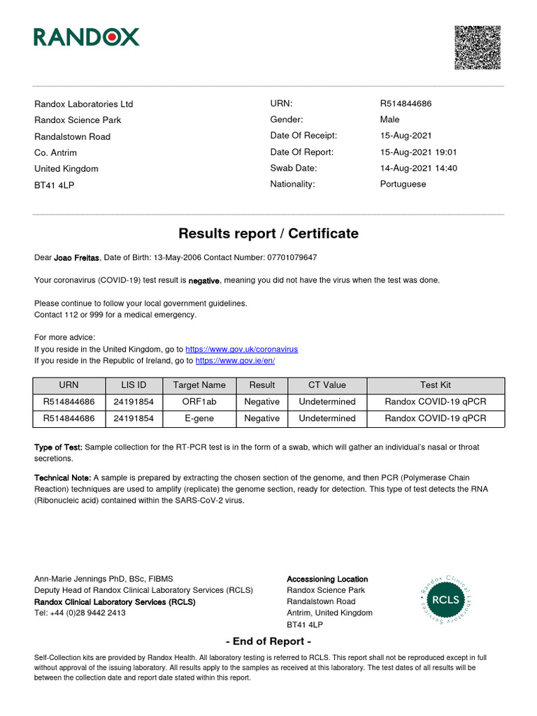 Results Report / Certificate | PDF | Real Time Polymerase Chain ...