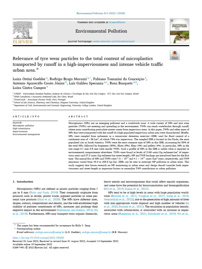Tyre Wear Particles in Urban Microplastics | PDF | Surface Runoff ...