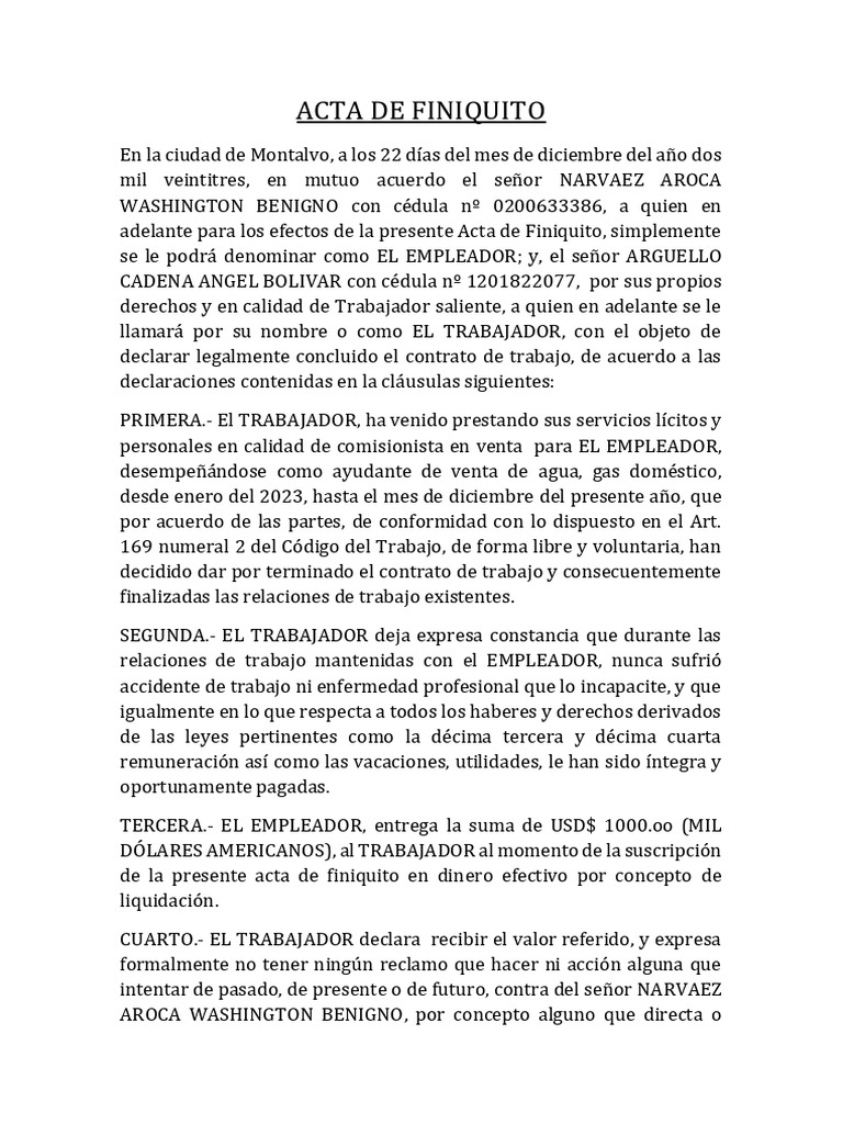 Acta de Finiquito Laboral 2023 | PDF | Finanzas y dinero | Derecho