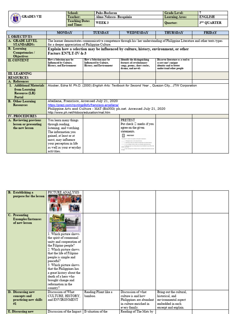 Philippine Literature Lesson Plan | PDF | Learning | Cognitive Psychology
