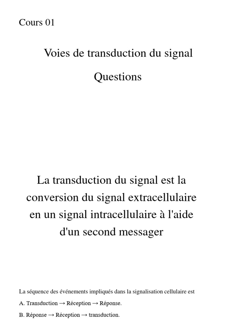 Cours 01 Voies de Transduction Du Signal (Questions) PDF