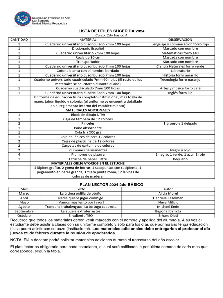 Lista de Útiles 2do Básico 2024 | PDF | Materiales de Conservación y ...