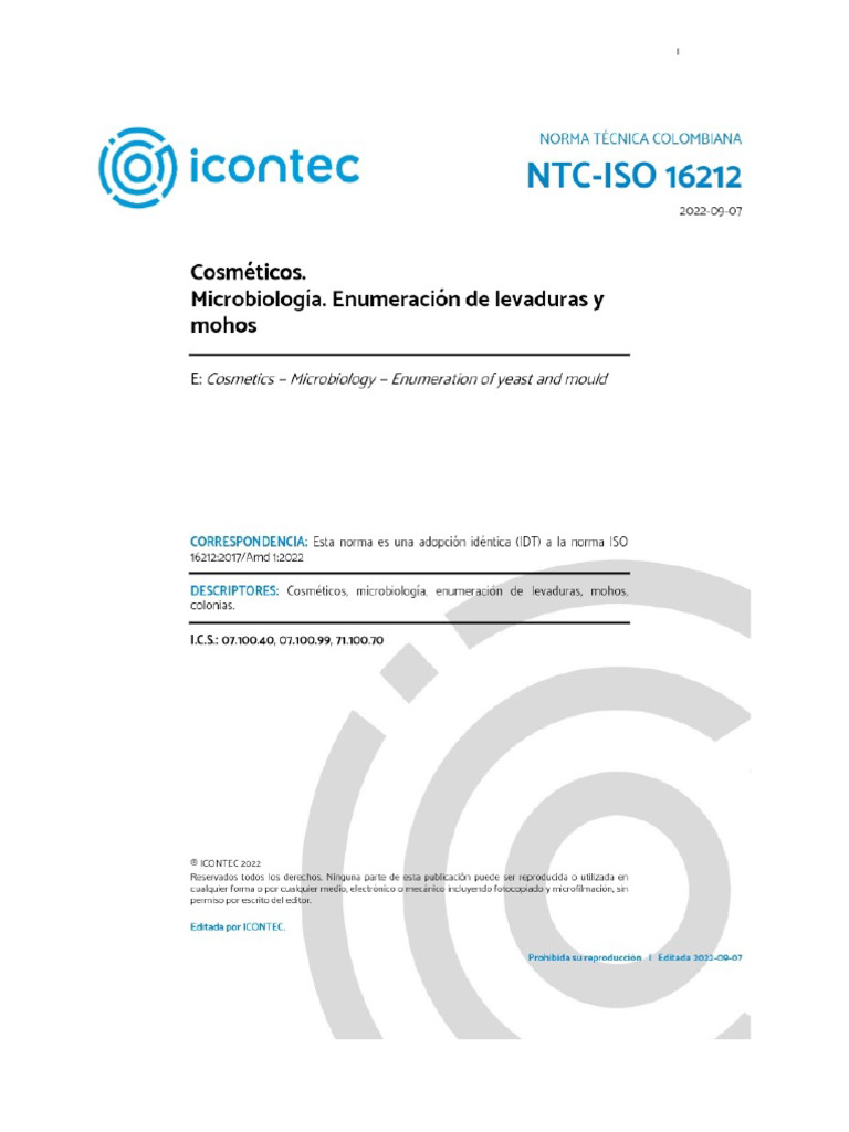 NTC-IsO 16212. Cosmeticos. Enumeracion de Levaduras y Mohos | PDF