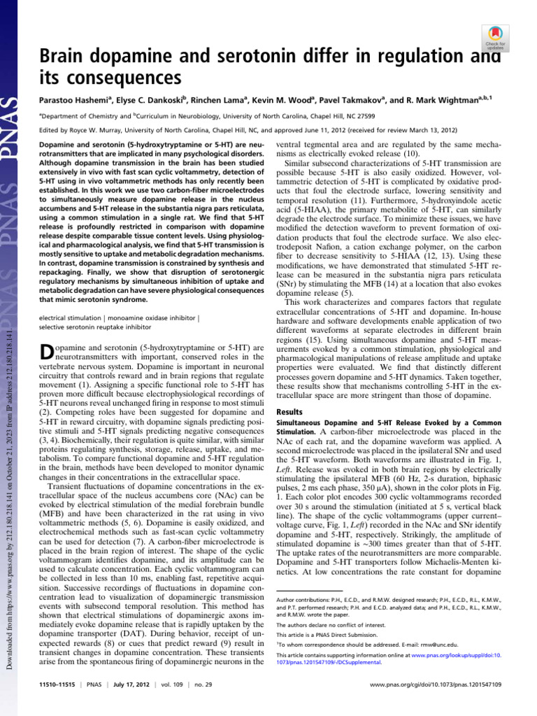 Dopamine vs. Serotonin Regulation in Brain | PDF | Serotonin | Dopamine