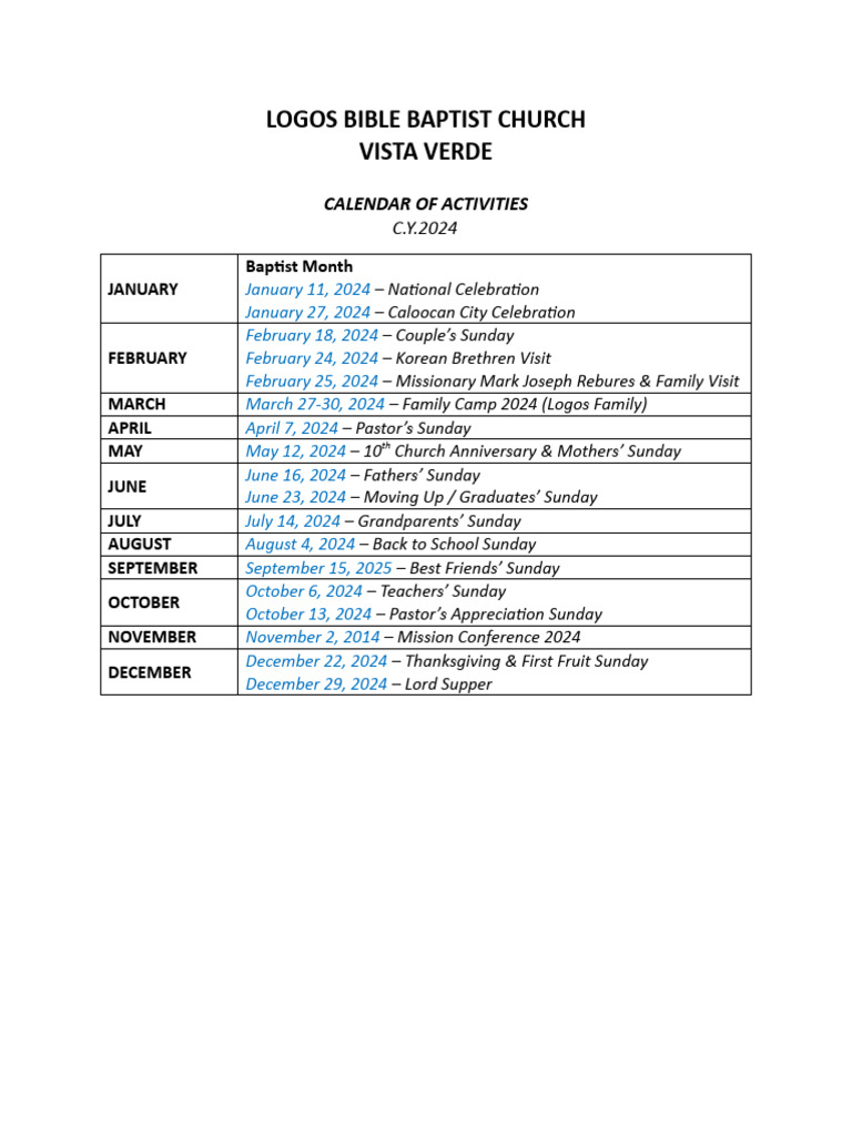 Church Calendar of Activities PDF