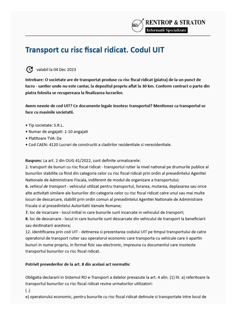 Transport Cu Risc Fiscal Ridicat. Codul UIT | PDF