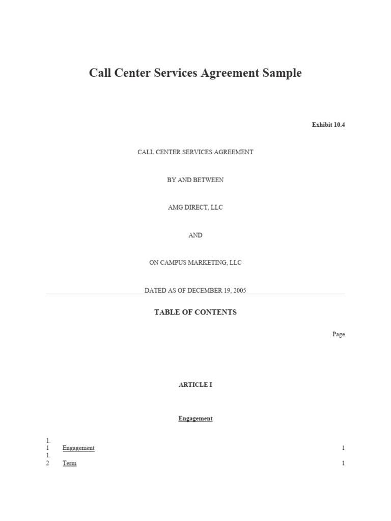 Call Center Agreement Download Free PDF Legal Liability Indemnity