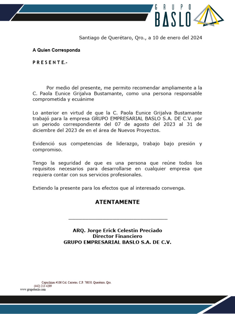 Recomendación para Paola Grijalva - Baslo | PDF | Negocios
