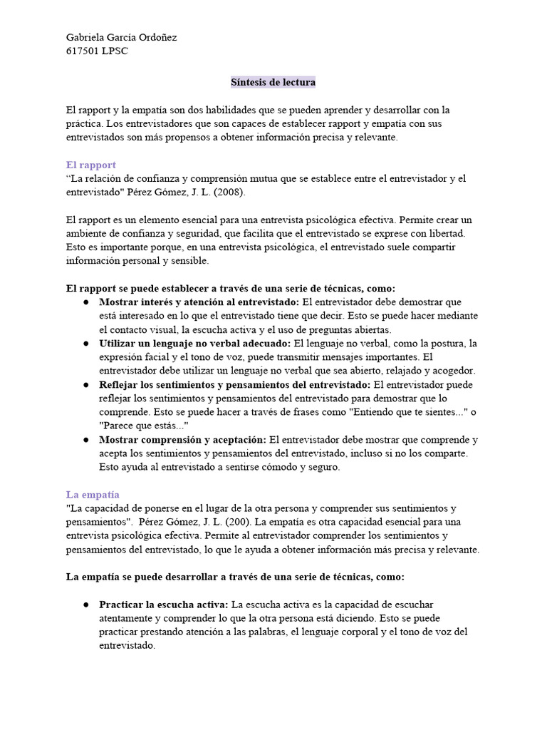 Rapport y empatía en entrevistas psicológicas | PDF | Empatía ...
