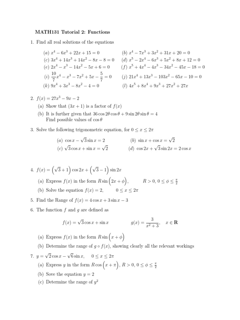 MATH131 Tutorial: Functions & Equations | PDF | Trigonometric Functions ...