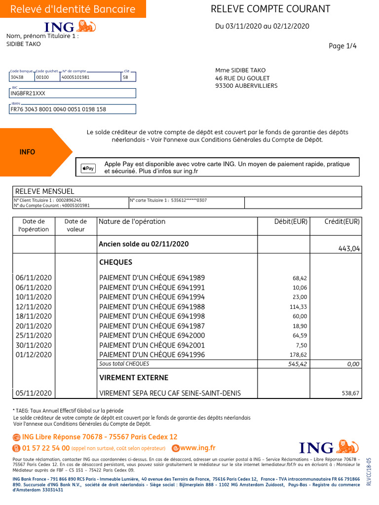 Relevé de Compte Courant ING | PDF | Taux annualisé effectif global ...