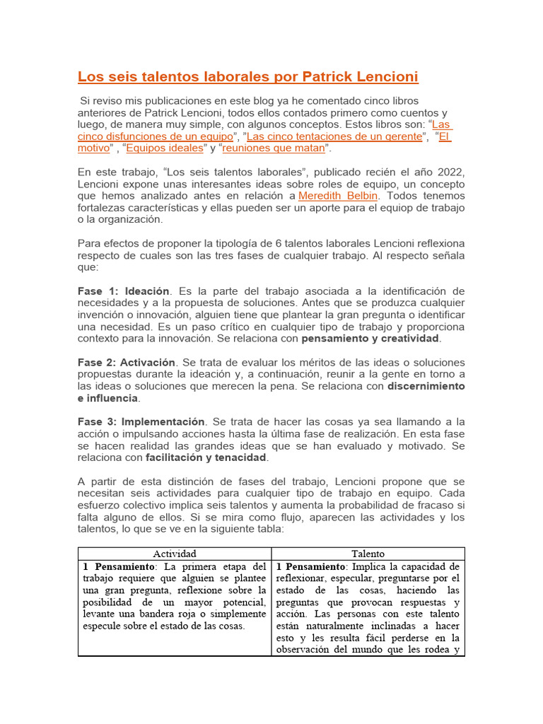 Seis talentos laborales de Lencioni | PDF | Creatividad | Pensamiento
