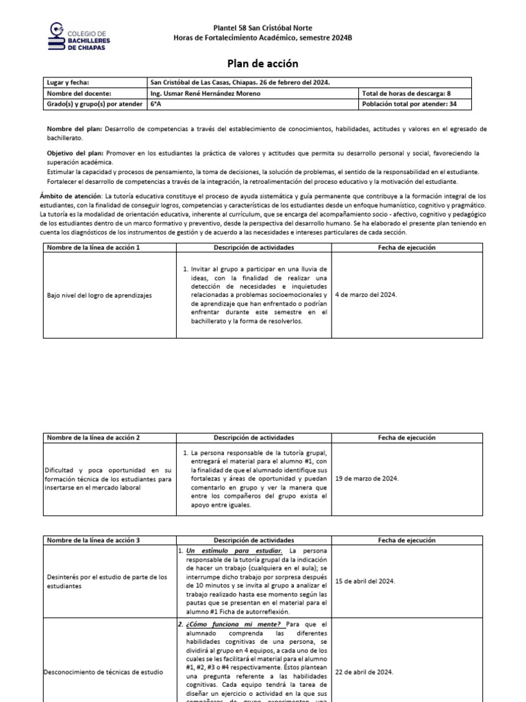 Plan de Tutoría para Bachillerato 2024B | PDF | Plan de estudios ...