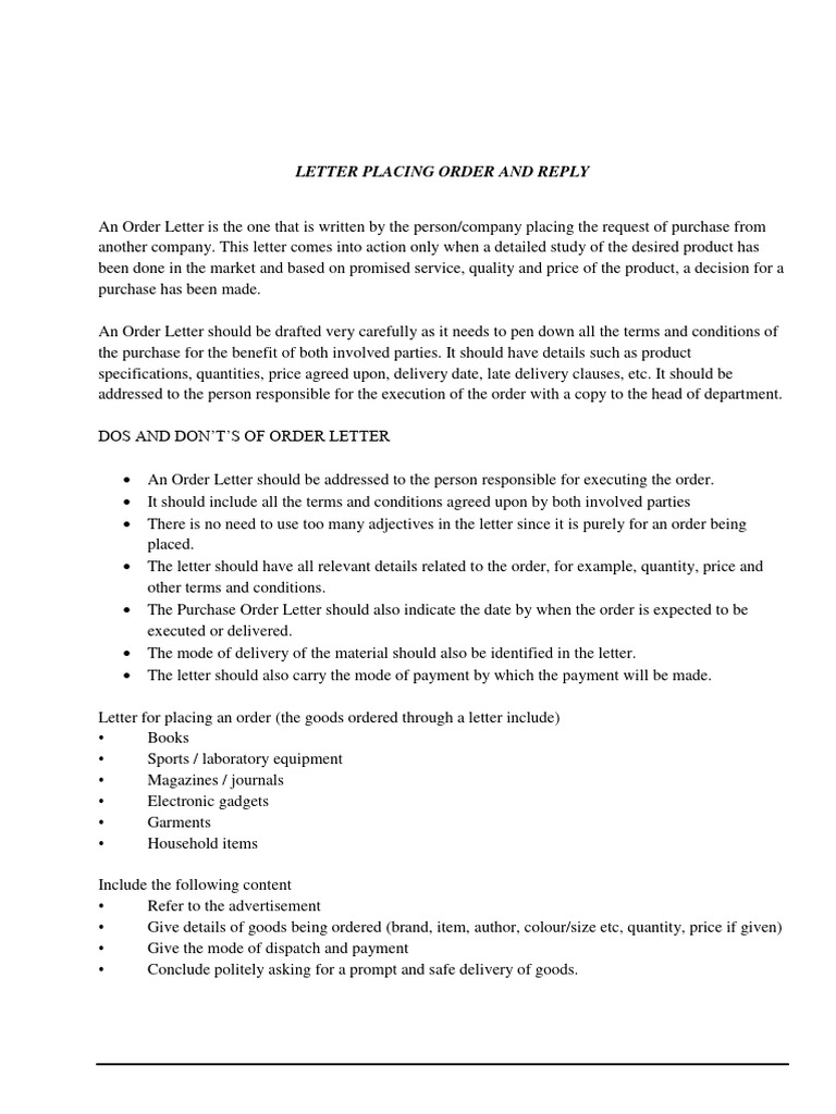 Letter Placing Order and Reply WS | PDF | Prices