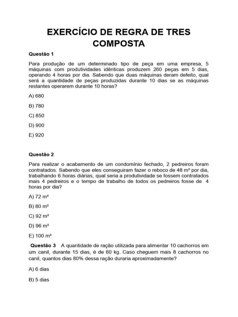 Exercícios de Regra de Três Composta | PDF | Casa e Jardim