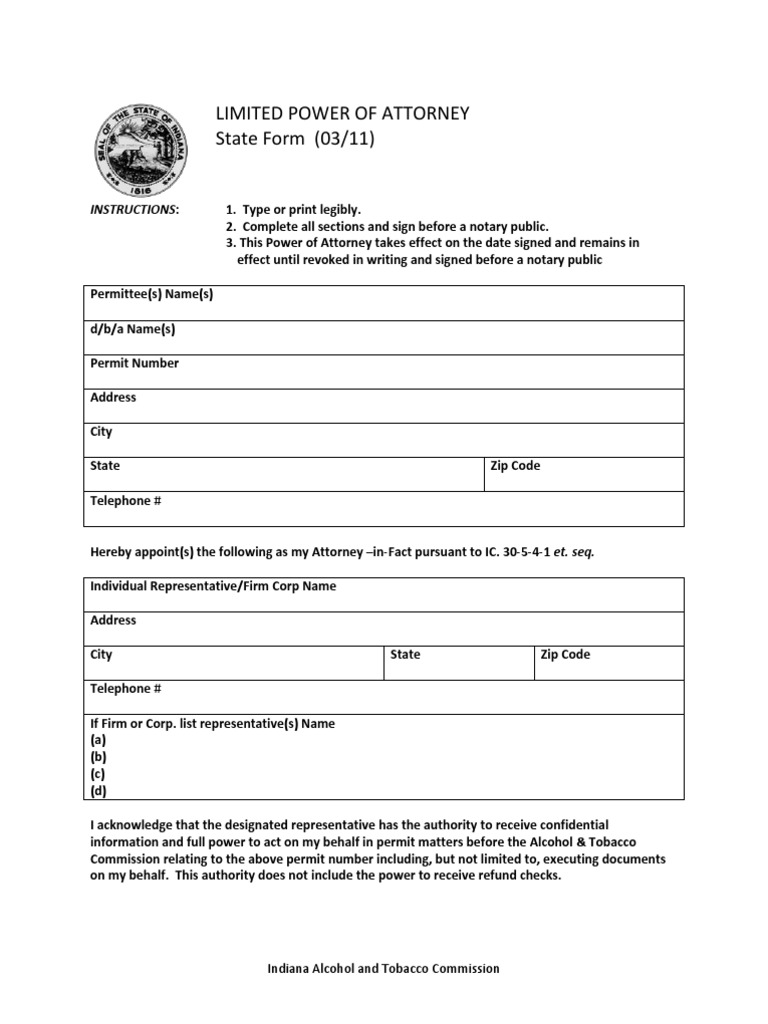 indiana alcohol and tobacco commission forms Indiana Limited Power of Attorney Form | PDF | Politics