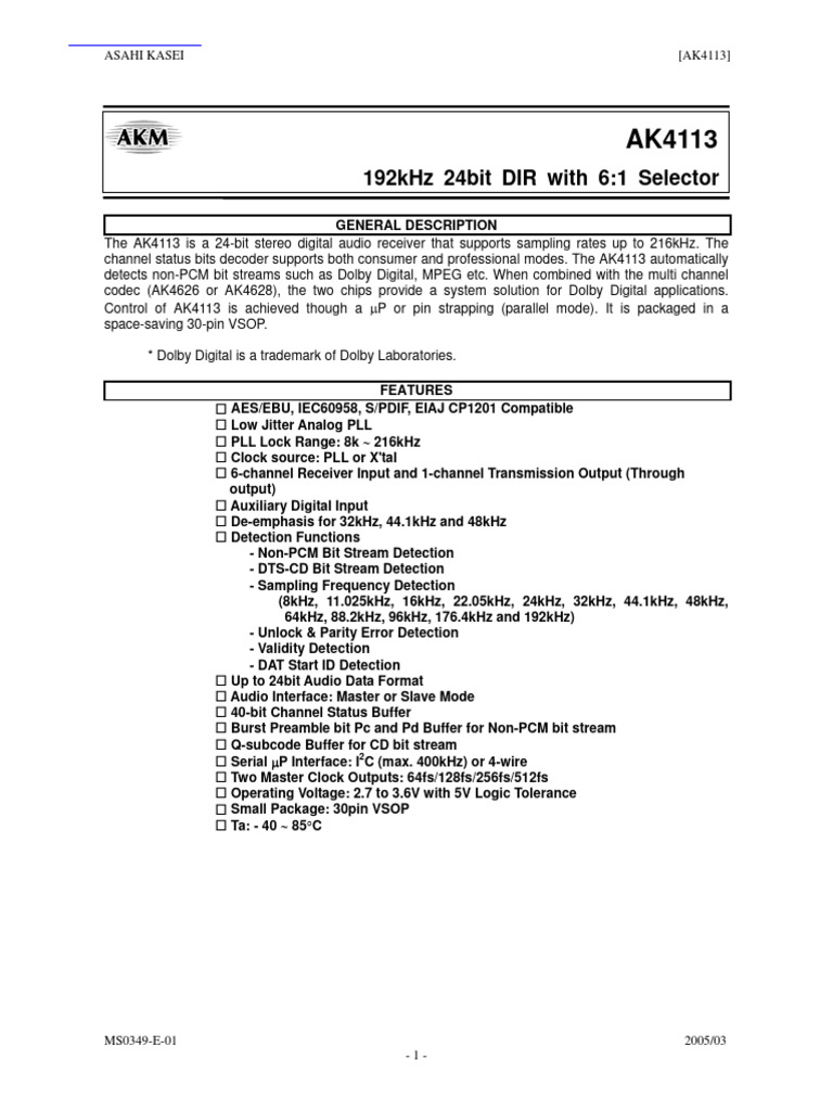 AK4113 24-bit Audio Receiver Overview | PDF | Electronics | Computer ...