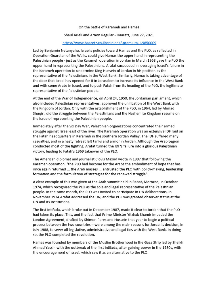 On The Battle of Karameh and Hamas PDF Palestine Liberation