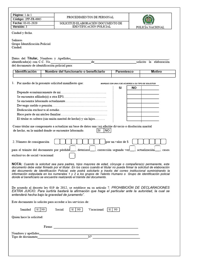 Formato 2PP-FR-0005 Solicitud Elaboracion Documento de Identificacion ...