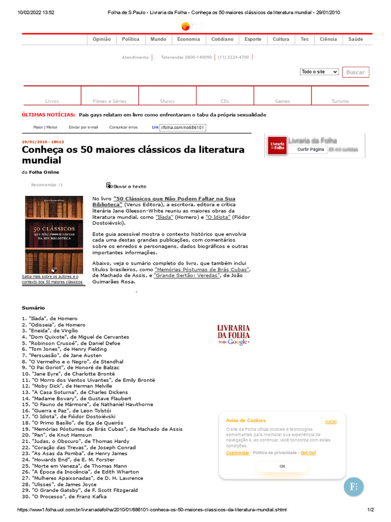 Folha de S.paulo - Livraria Da Folha - Conheça Os 50 Maiores Clássicos ...
