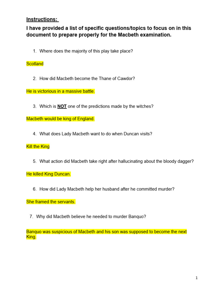 Grade 10 Paper 1 Macbeth Study Materials | PDF | Macbeth ...