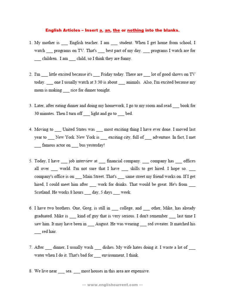 English Articles Worksheet for Students | PDF