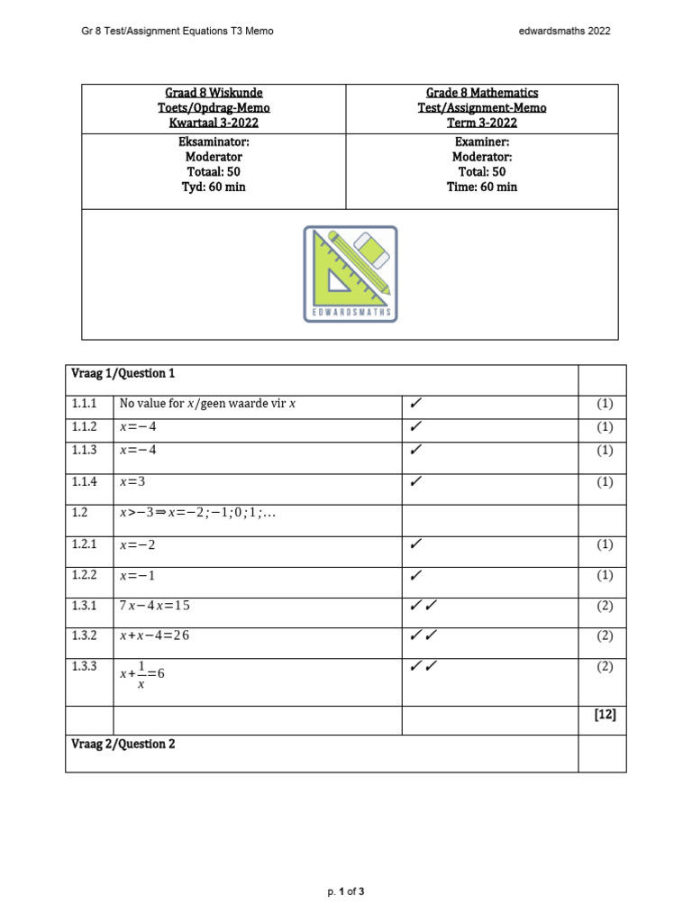 GR 8 Edwardsmaths Test Or Assignment Equations T3 2022 Memo PDF