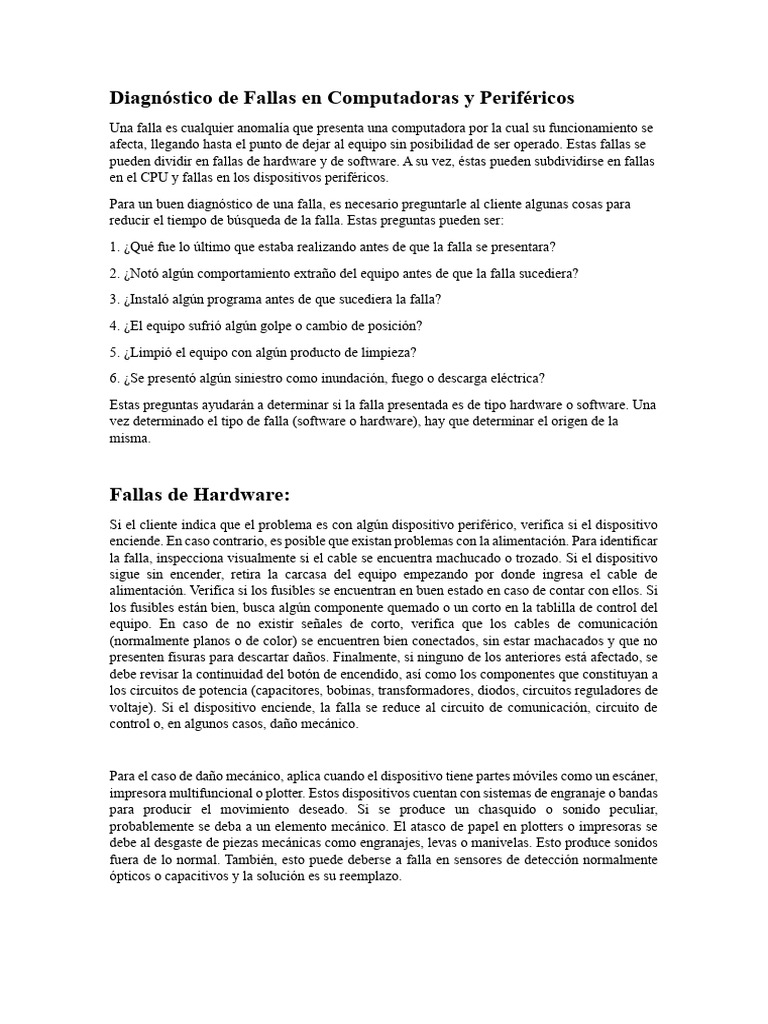 Diagnóstico De Fallas En Computadoras Y Periféricos Pdf Hardware De