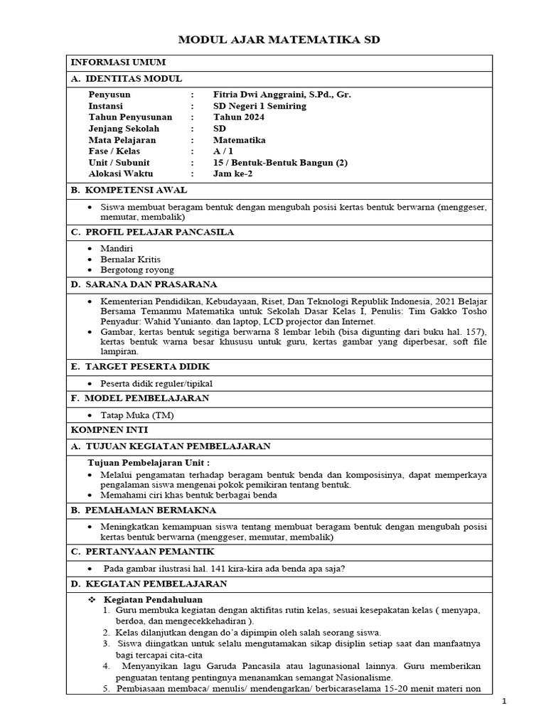 Modul Ajar Matematika Kelas 1 SD Semester 2 | PDF | Karier ...