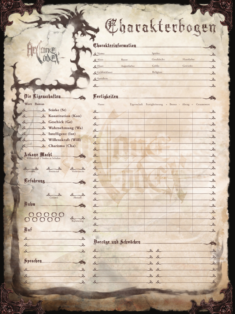 Arcane Codex Charakterbogen2nd - Seite1 | PDF