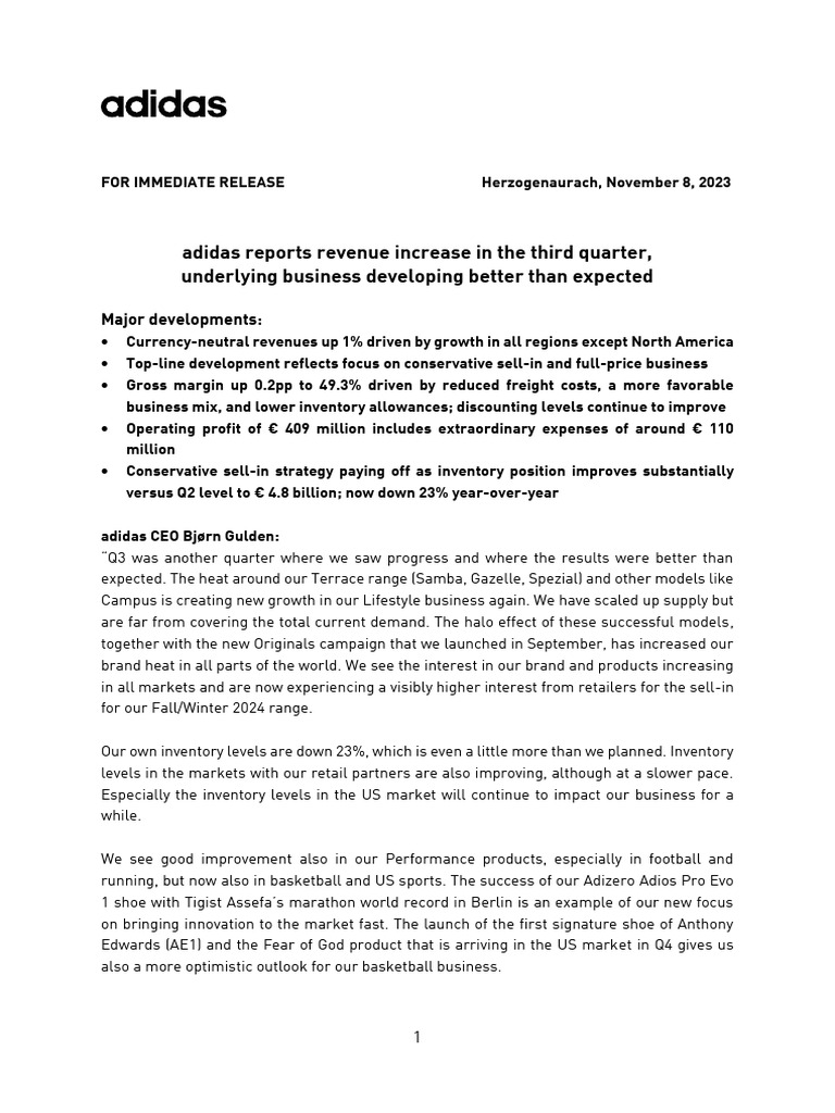 adidas Q3 2023 Income Before Taxes: €326M | PDF | Gross Margin | Income