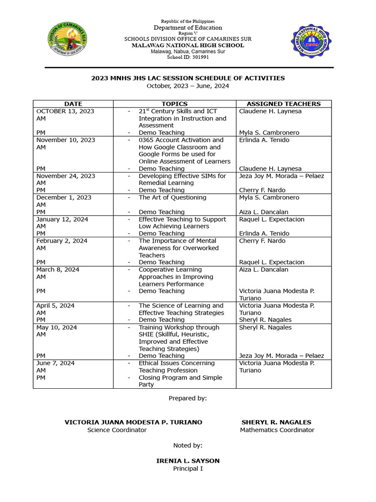 2023 MNHS JHS Lac Session Schedule of Activities | PDF | Learning