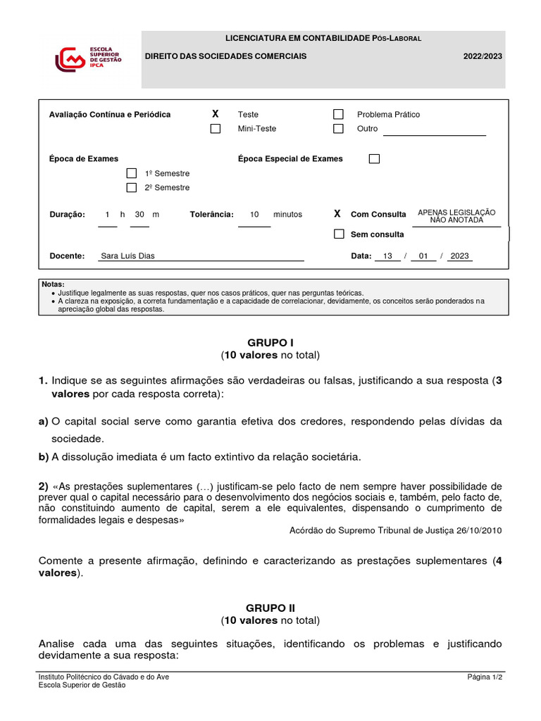 2.º Teste (PL) - Enunciado - 2023 | PDF | Contabilidade