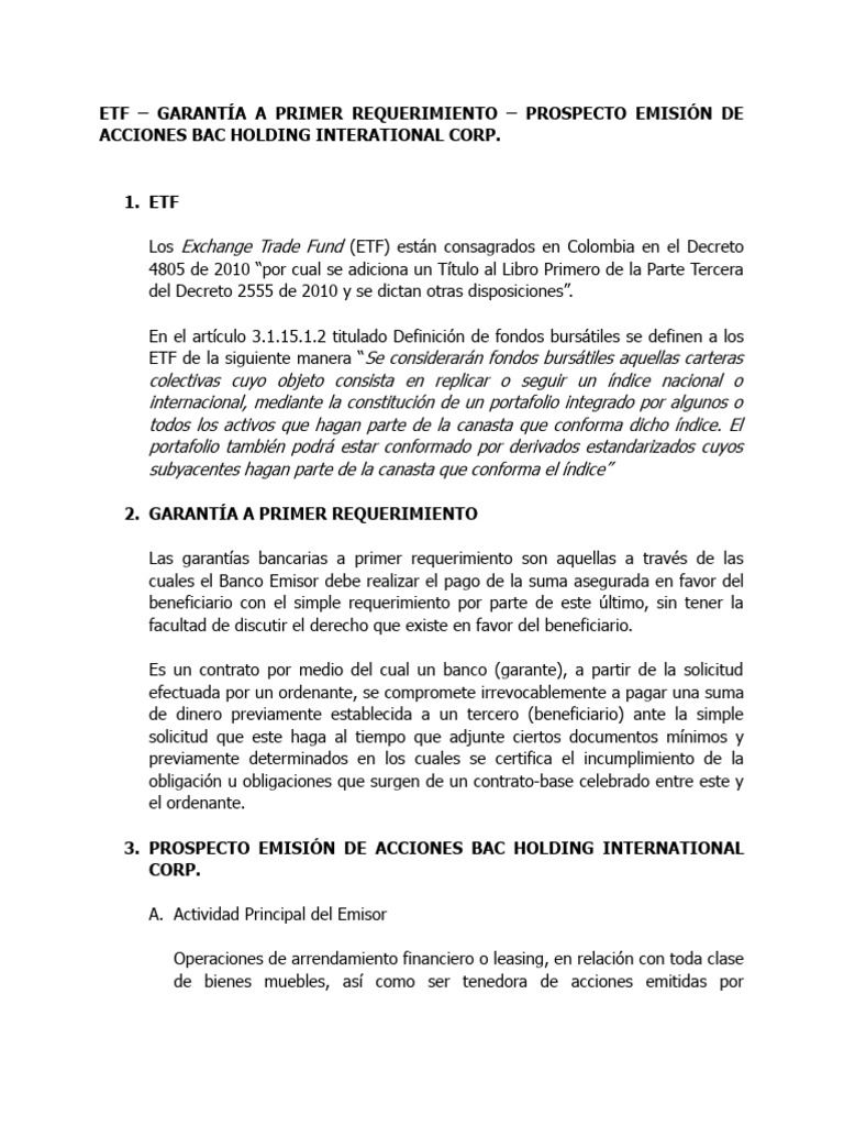 Etf Garant A A Primer Requerimiento Prospecto Acciones Bac Holding