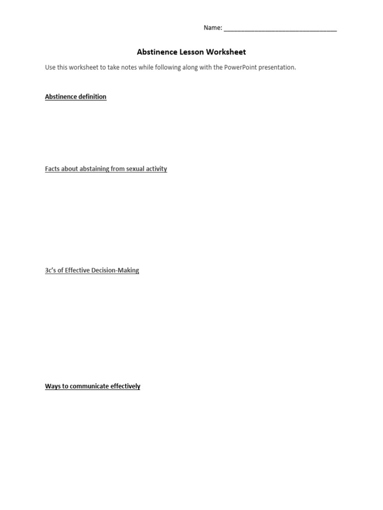 Abstinence Lesson Worksheet PDF